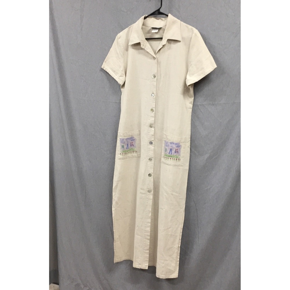 Alexandra‎ Lee Vintage Linen Rayon Maxi Dress Beige Laundry Line Pockets Size 10